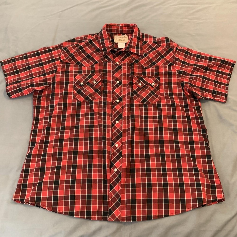 Wrangler Western‎ Shirt Mens XL Red Plaid Pearl Snap Short Sleeve Casual